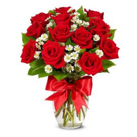  Belek Blumenbestellung 12 rote Rosen und Gänseblümchen in Vase