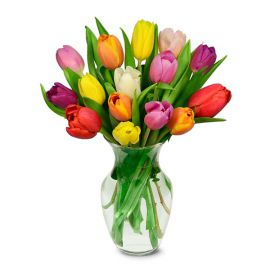  Доставка цветов в Белек  15 разноцветных тюльпанов в вазе